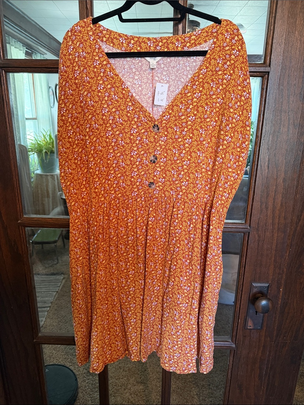 Terra & Sky Womens 2X 20W-22W Orange Floral Rayon VNeck Pocket Dress Cottagecore